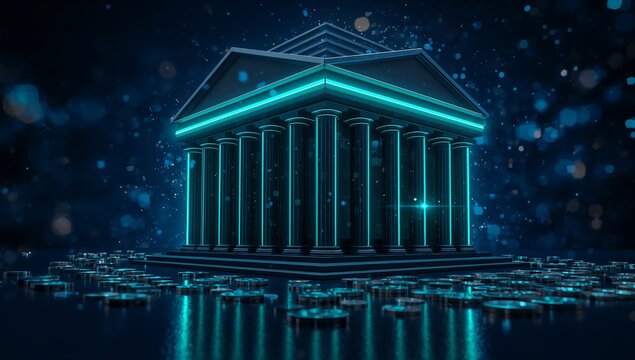 Generative AI depicts a futuristic digital rendition of a classical building illuminated with neon