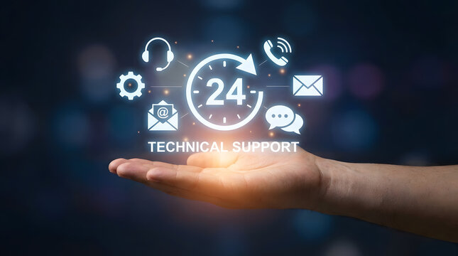 Technical support hand with glowing icons and 247 service symbol on dark background