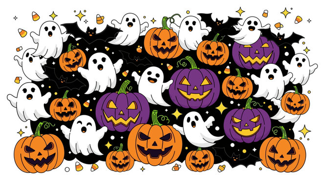 Cute Halloween Scene With Jack O Lanterns Flying Bats Playful Ghosts and Scattered Candy Corn on White Background