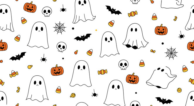 Cute Halloween Seamless Surface With Little Ghosts Tiny Skulls and Spooky Autumn Symbols on Clean White Background