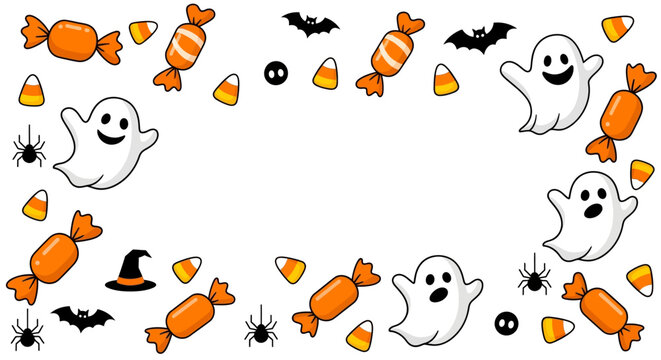 Festive Halloween Layout With Orange Candies Smiling Ghosts and Tiny Black Spooky Icons on White Background