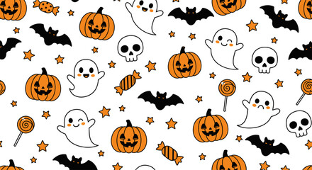 Fototapeta premium Seamless Halloween Pattern With Cute Smiling Pumpkins Friendly Ghosts Tiny Skulls Flying Bats Stars and Sweet Candy Icons