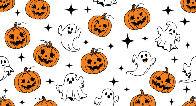 Seamless Halloween Pattern Featuring Friendly Smiling Jack O Lanterns Cute Floating Ghosts and Twinkling Stars on White Background
