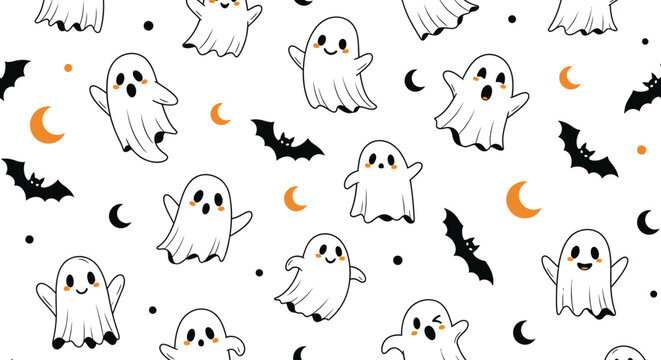 Seamless Pattern of Friendly Floating Ghosts With Diverse Expressions Minimalist Black Bats and Tiny Crescent Moons