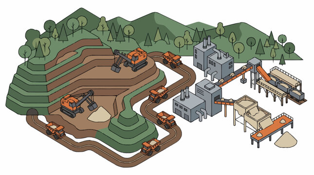 Industrial mining operation with heavy machinery and processing plant.