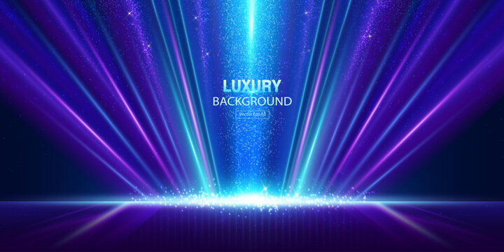 Modern purple and blue stage background with bright neon light streaks.  A horizontal digital vector background displaying a dark blue and purple stage illuminated by vertical neon light