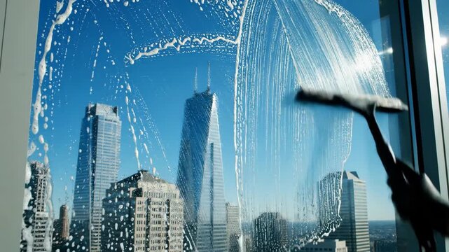 Window cleaner washing skyscraper windows with squeegee and soap suds, city skyline view.