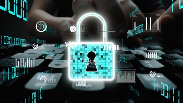 A digital lock symbol emerges above a keyboard, illustrating themes of cyber security and data protection, surrounded by various data visualizations. Xenic