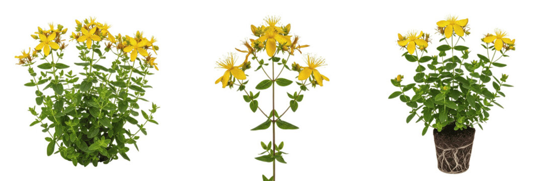 St. John&rsquo;s wort plant, Hypericum perforatum, Hypericaceae family, medicinal perennial herb floral profile, yellow five-petaled flowers black glandular dots oblong leaves, botanical specimen mapping