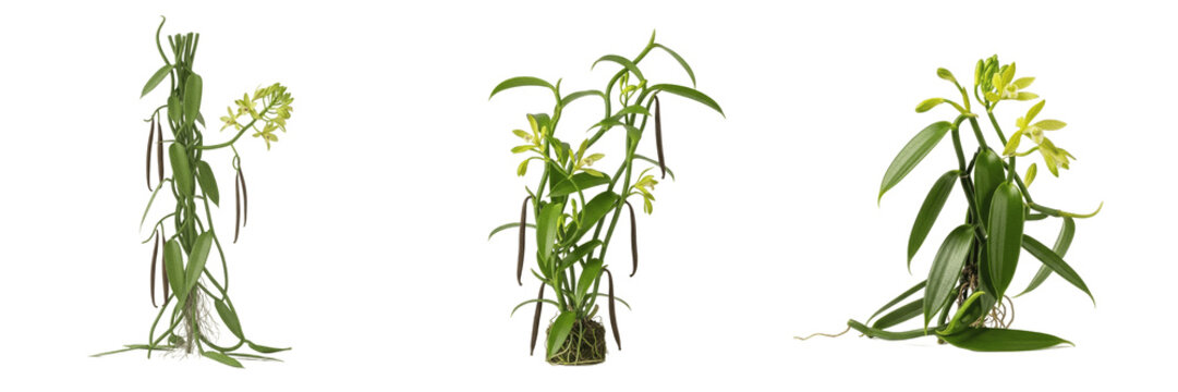 Vanilla plant, Vanilla planifolia, Orchidaceae family, aromatic spice climbing orchid vine profile, fleshy elliptic flat leaves adventitious aerial roots zig-zag stem, botanical specimen mapping