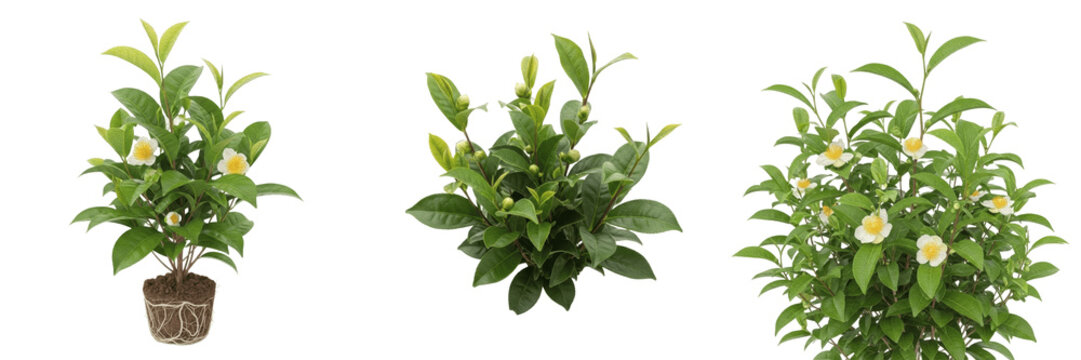 Tea plant, Camellia sinensis, Theaceae family, medicinal evergreen shrub foliage profile, glossy serrated elliptic camellia leaves woody branching stem structure, botanical specimen layout index chart