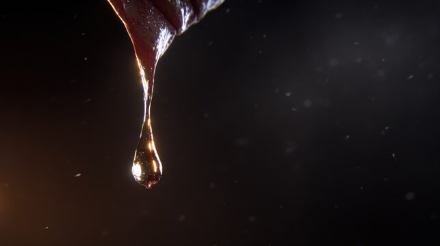 Single viscous drop nearing separation from a dark, melting substance