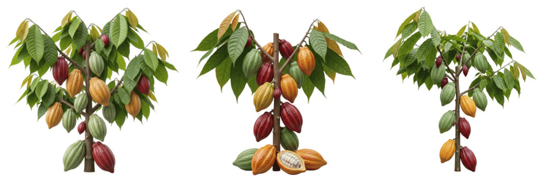 Cocoa plant, Theobroma cacao, Malvaceae family, medicinal evergreen tree profile, large ribbed ovoid pods visible cauliflory trunk attachment large oblong leaves, botanical specimen tracking layout