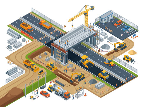 Highway Overpass Bridge Construction Site with Workers Cranes and Road Machinery