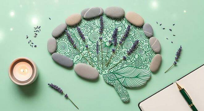 Abstract Brain Shape with Zen Stones Lavender Sprigs and Candle