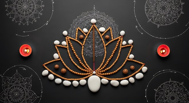 Decorative Lotus Shape Made of Wooden Beads and White Stones on Dark Background