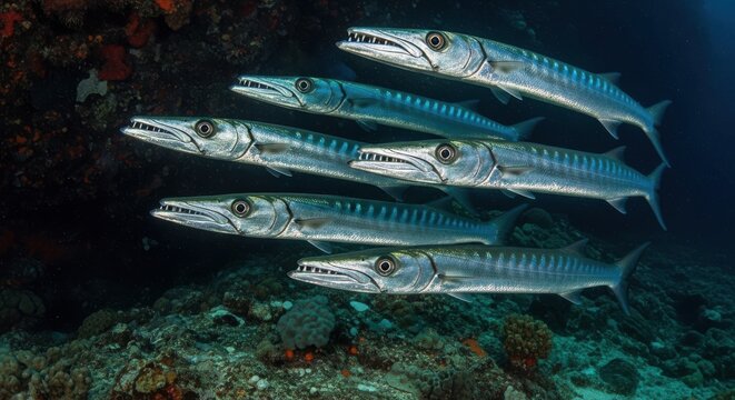 School of Barracuda Hunting in Underwater Reef Ecosystem
