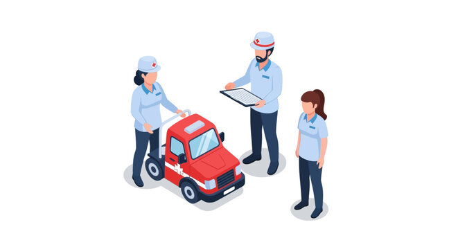 Isometric view of three people inspecting a red toy truck with clipboard.