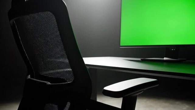 Empty gaming chair and computer setup with a green screen monitor in a dark room.