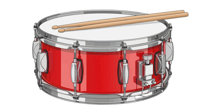 Red Snare Drum with Drumsticks, Isolated on White Background