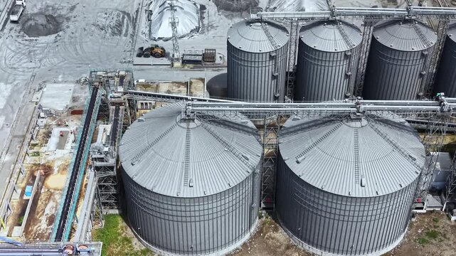 Workers move materials around at a busy industrial site where large silver silos store grains. Trucks and equipment are part of the ongoing operations during daylight.