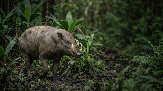A rare babirusa navigates a lush tropical mud habitat within a dense green rainforest, captured in a cinematic widescreen composition highlighting the unique wild animal and its natural surroundings.