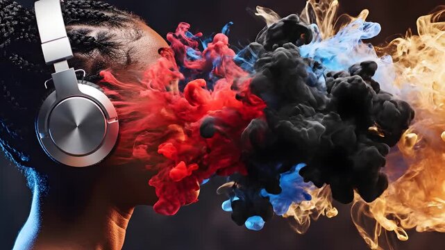 Profile of a young African American woman wearing headphones experiencing a surreal explosion of colorful smoke from her face representing the power of immersive music and creativity
