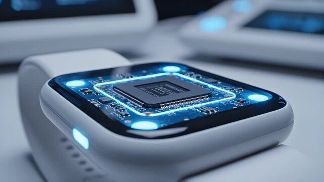 Futuristic smartwatch displaying internal microchip and circuit board with glowing blue neon data lights