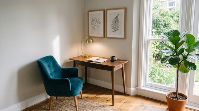 Cozy home office corner with blue chair and wooden desk by the window