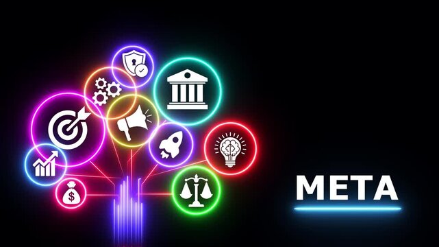 Neon digital tree with business icons and meta text glow in cinematic motion.