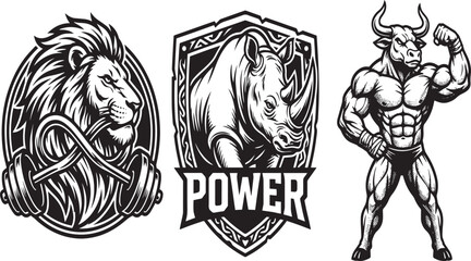 Gym Mascot Logo Vector Set with Strong Lion Rhino and Bull © MOSTNISHATSARA