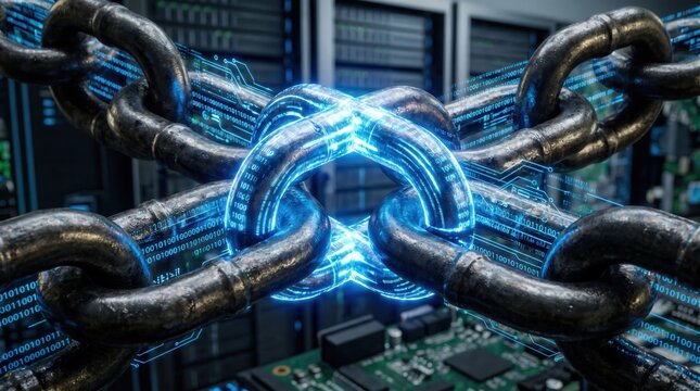 Blockchain Technology Concept with Glowing Digital Chain Interlocking in Server Room for Cybersecurity and Data Protection