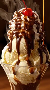 Delicious vanilla ice cream sundae, generously crowned with luscious whipped cream and glistening red cherry. Rich chocolate fudge pours decadently over sweet, creamy dessert, tempting cold
