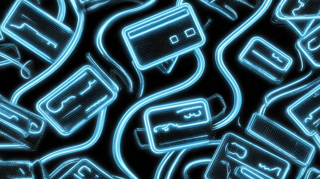 Glowing blue neon credit card patterns background representing digital banking online shopping fintech and secure network electronic financial payment transactions