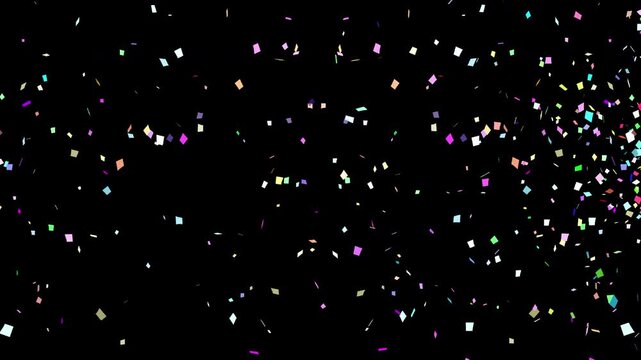 A 3D colorful paper confetti animation, with confetti emerging once from each side of the screen, rendered in ProRes 4444 Alpha.