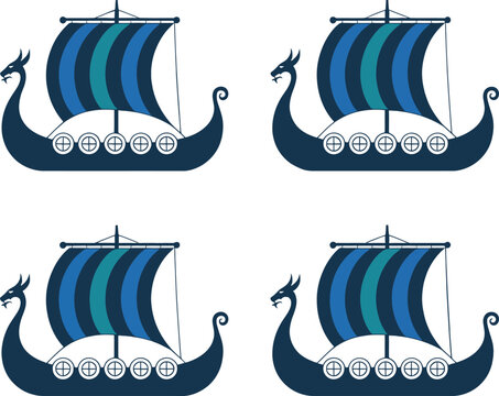 Four identical dark blue viking longships with dragon head prows and striped sails arranged in a grid pattern on a white background