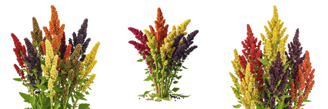 Quinoa crop with colorful quinoa seed heads biological flora tissue showing plant anatomy, vascular tissue architecture, and structural morphology within a biological reference specimen record file 