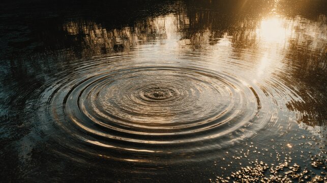 Concentric ripples spread across the water surface reflecting warm evening light