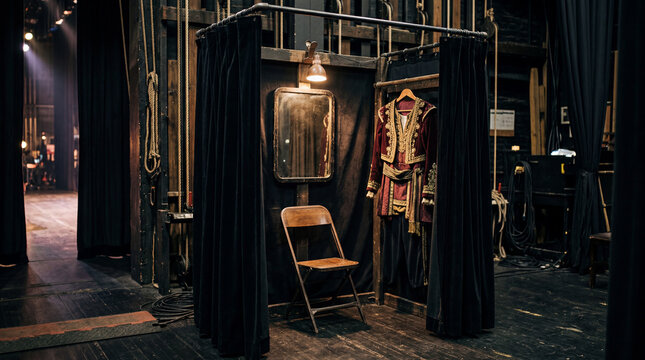 Atmospheric Backstage Shot Of Empty Theater Quick Change Booth Hidden Behind Black Velvet Curtains Offstage