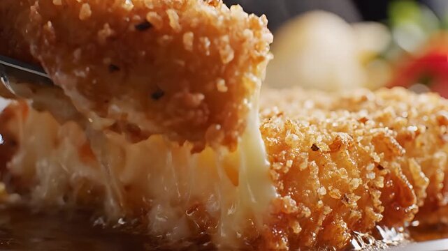 Delicious Crispy Fried Chicken Cutlet with Melty Cheese Pull.