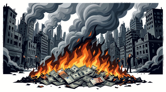Illustration of a pile of burning money with flames and smoke rising against a cityscape background in a dramatic and chaotic scene.