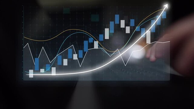 Visual representation of data analysis with graphs and charts illustrating financial market trends. A hand interacts with a touchscreen, symbolizing technology in investment. Copula