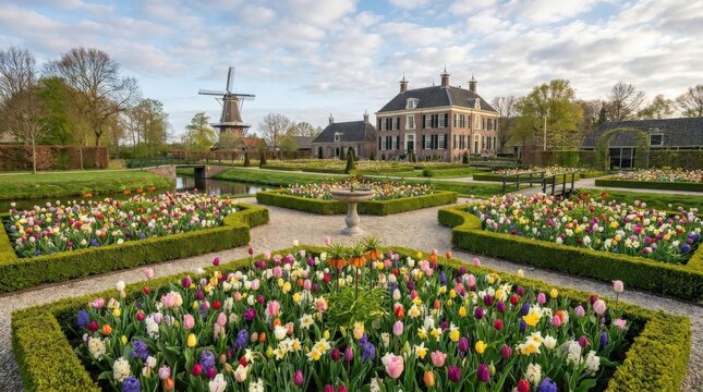 A cinematic widescreen view of a traditional Dutch flower garden featuring ornate formal geometric beds, vibrant seasonal tulips, a historic manor house, and a windmill in the scenic countryside.