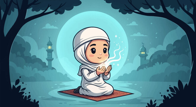 Chibi Muslim boy character kneeling on a prayer rug making dua supplication outdoors at night under a large full moon with mosque minarets and glowing light from hands vector art.