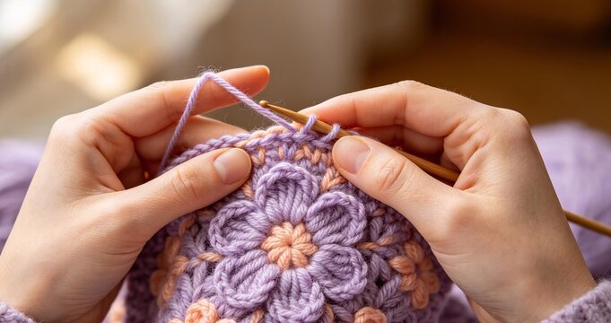 Woman hands crocheting purple flower fabric.