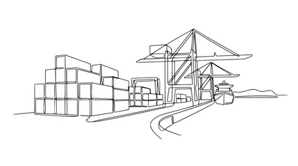 Industrial Port Scene: Shipping Containers, Cranes, and Ship in Minimalist Line Art © Tani