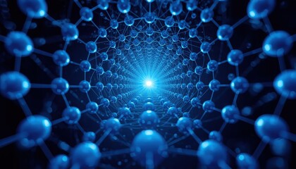 Fototapeta premium Abstract futuristic tunnel of interconnected blue spheres with glowing light at the end symbolizing data flow network communication or scientific pathways connection technology futuristic abstract