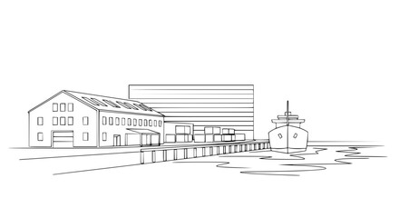 Fototapeta premium Industrial harbor sketch with warehouse, containers, and cargo ship on water