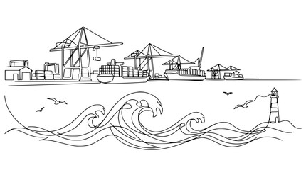 Fototapeta premium Industrial Shipping Port with Cranes, Ships, Lighthouse, and Waves - Line Art