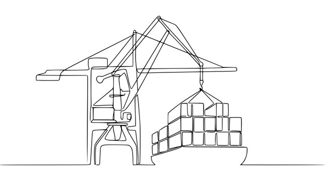 Continuous line drawing of a cargo ship being loaded by a crane at a port.